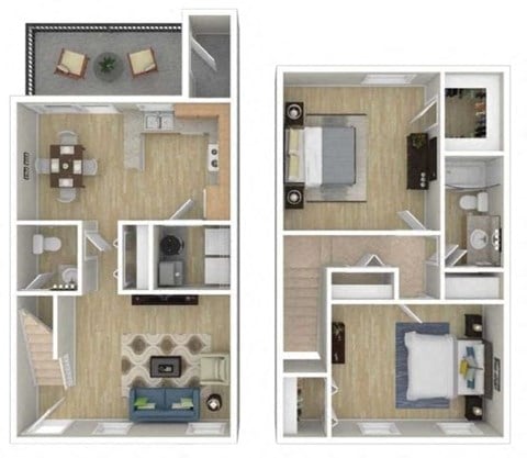 Floor plan for 2 beds, 1.5 baths, 984 sqft