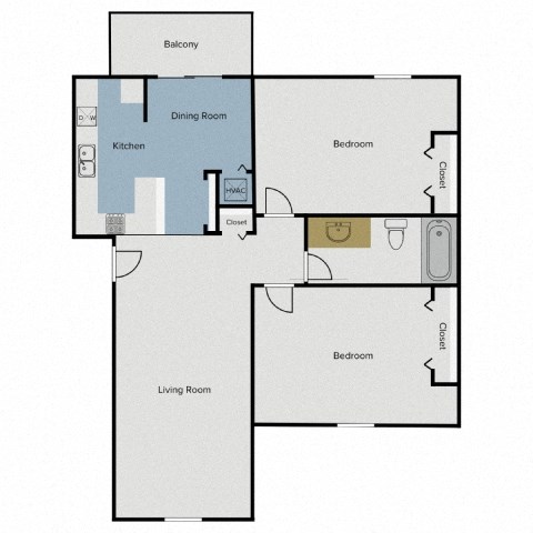 Floor plan for 2 beds, 1 bath, 820 sqft