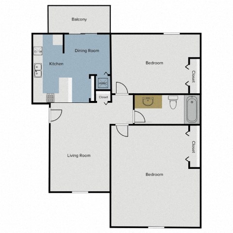 Floor plan for 2 beds, 1 bath, 820 sqft