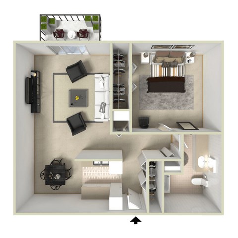 Floor plan for 1 bed, 1 bath, 609 sqft