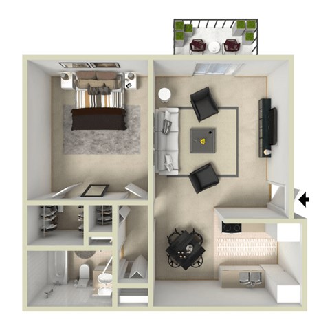 Floor plan for 1 bed, 1 bath, 610 sqft