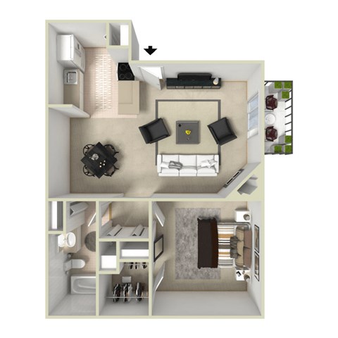 Floor plan for 1 bed, 1 bath, 731 sqft