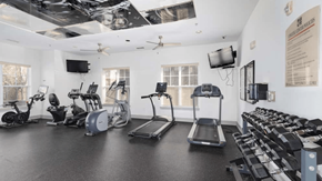 Woodbridge apartment for rent - Apartment fitness center with treadmills, ellipticals, stationary bikes, and dumbbell rack.