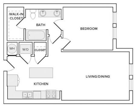 Floor plan for 1 bed, 1 bath, 793 sqft
