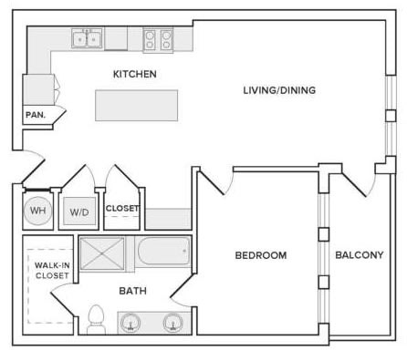 Floor plan for 1 bed, 1 bath, 853 sqft