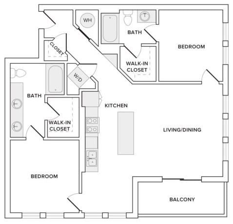 Floor plan for 1 bed, 1 bath, 894 sqft