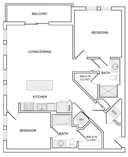 Floor plan for 2 beds, 2 baths, 1187 sqft