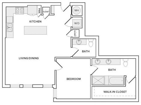 Floor plan for 1 bed, 1.5 baths, 967 sqft