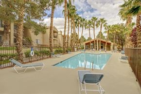 Henderson apartment for rent - Apartments in Henderson, NV, with an In-Unit Washer and Dryer - The Pines - Swimming Pool Surrounded by Lounge Chairs, Palm Trees, Metal Fence, and a View of the Clubhouse.