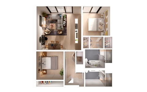 Floor plan for 2 beds, 2 baths, 910 sqft