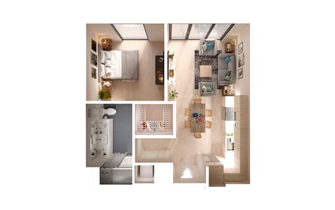 Floor plan for 1 bed, 1 bath, 690 sqft