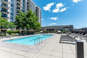 Stamford apartment for rent - A swimming pool surrounded by lounge chairs and trees in front of a building.