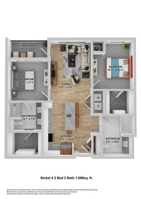 Floor plan for 2 beds, 2 baths, 1069 sqft