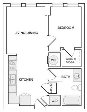 Floor plan for studio, 1 bath, 608 sqft