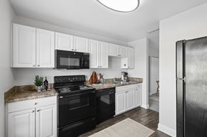 Tampa apartment for rent - A black and white kitchen with a refrigerator on the right.