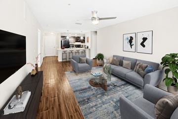 Zephyrhills apartment for rent - A living room with a grey couch and a coffee table.