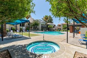 Tempe apartment for rent - Swimming pool and spa at Sono Tempe Apartments in Tempe, Arizona surrounded by palm trees and community seating.