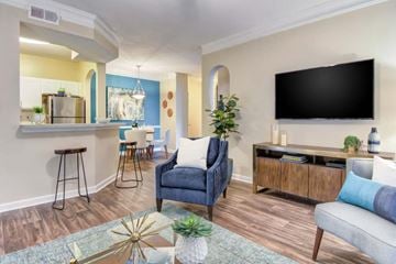 Duluth apartment for rent - A living room with a blue chair and a black TV.