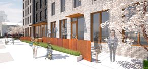 Portland apartment for rent - a rendering of a building with people walking in front of it