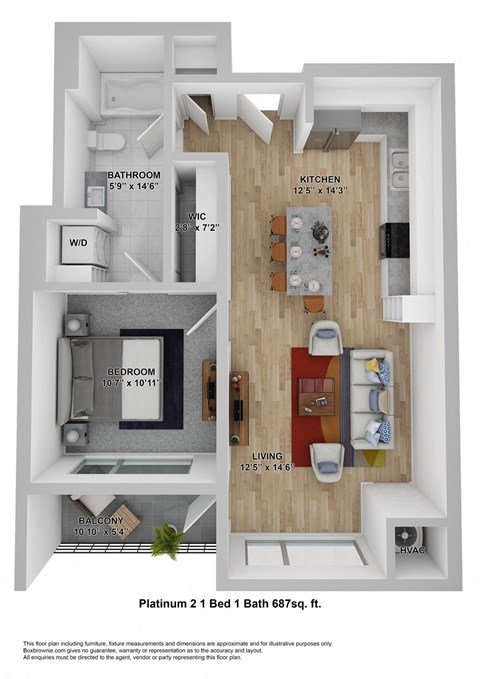 Floor plan for 1 bed, 1 bath, 687 sqft