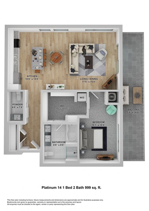 Floor plan for 1 bed, 2 baths, 999 sqft