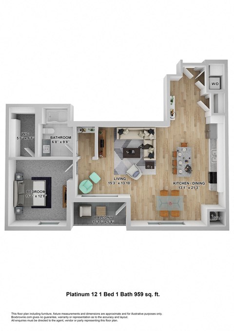 Floor plan for 1 bed, 1 bath, 959 sqft