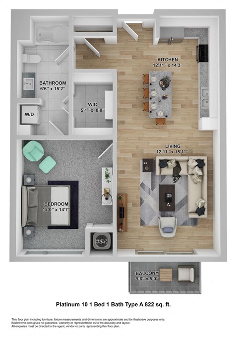 Floor plan for 1 bed, 1 bath, 822 sqft