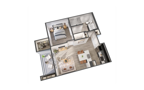 Floor plan for 1 bed, 1 bath, 811 sqft