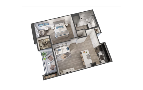 Floor plan for 1 bed, 1 bath, 722 sqft