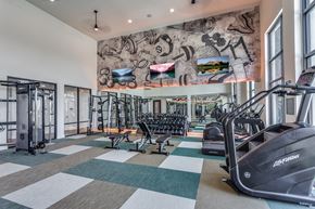 Grand Prairie apartment for rent - a gym with weights and cardio machines and a mural on the wall