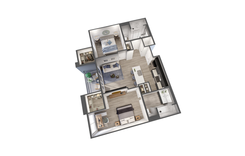Floor plan for 2 beds, 2 baths, 1055 sqft