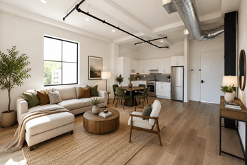 Yonkers apartment for rent - A modern living room with a white sofa, wooden coffee table, and a rug on the floor.