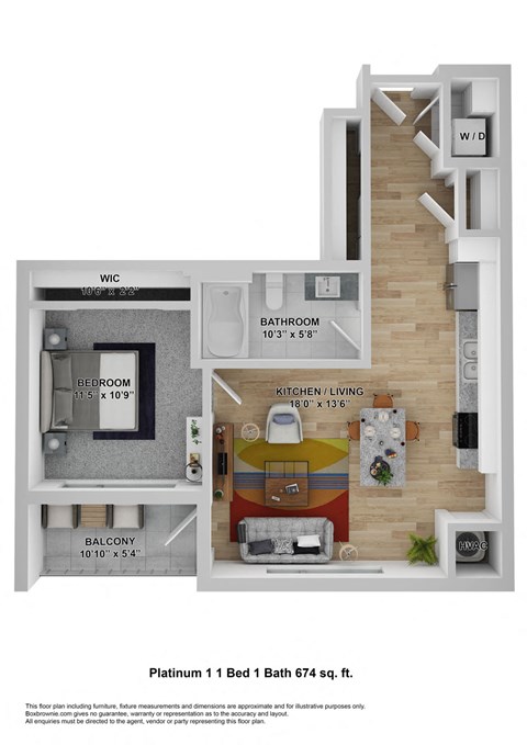 Floor plan for 1 bed, 1 bath, 674 sqft