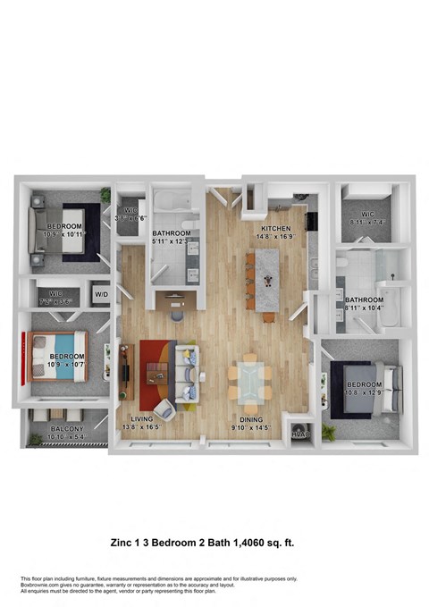 Floor plan for 3 beds, 2 baths, 1460 sqft