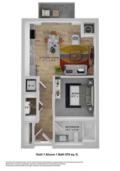Floor plan for studio, 1 bath, 578 sqft