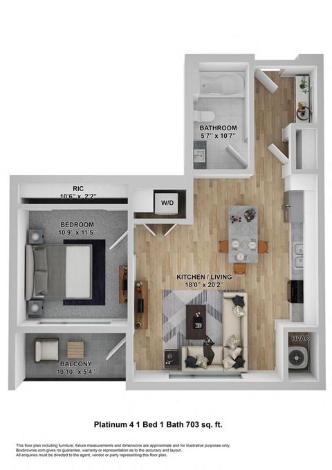 Floor plan for 1 bed, 1 bath, 703 sqft