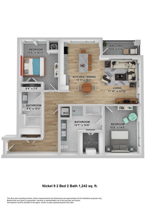 Floor plan for 2 beds, 2 baths, 1242 sqft