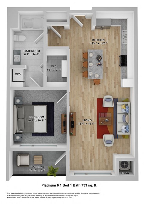 Floor plan for 1 bed, 1 bath, 733 sqft