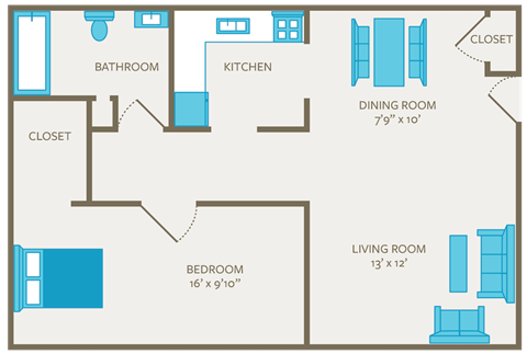 Floor plan for 1 bed, 1 bath, 570 sqft