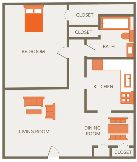 Floor plan for 1 bed, 1 bath, 570 sqft