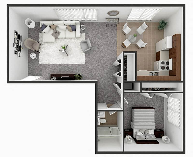 Floor plan for 1 bed, 1 bath, 700 sqft