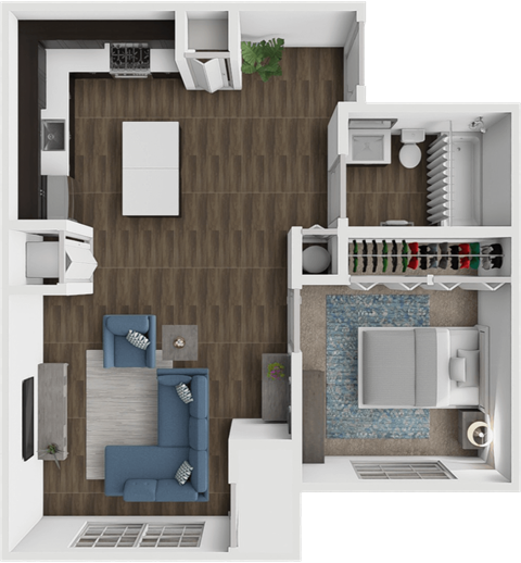 Floor plan for 1 bed, 1 bath, 701 sqft