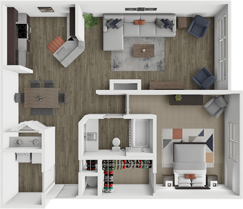 Floor plan for 1 bed, 1 bath, 913 sqft