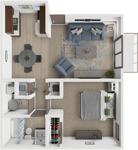 Floor plan for 1 bed, 1 bath, 600 sqft