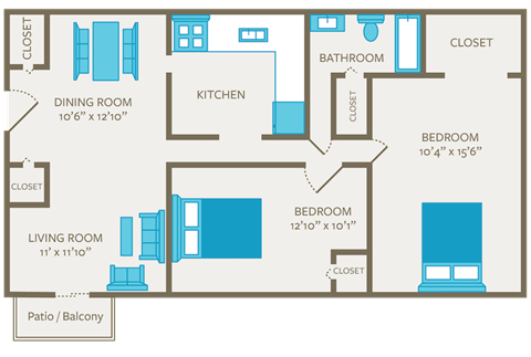 Floor plan for 2 beds, 1 bath, 720 sqft
