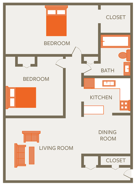 Floor plan for 2 beds, 1 bath, 720 sqft
