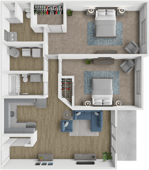 Floor plan for 2 beds, 2 baths, 1075 sqft