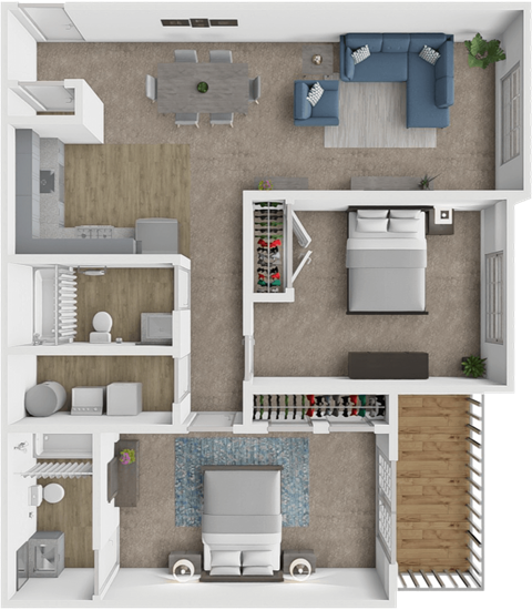 Floor plan for 2 beds, 2 baths, 1075 sqft