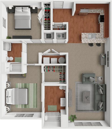 Floor plan for 2 beds, 2 baths, 1102 sqft