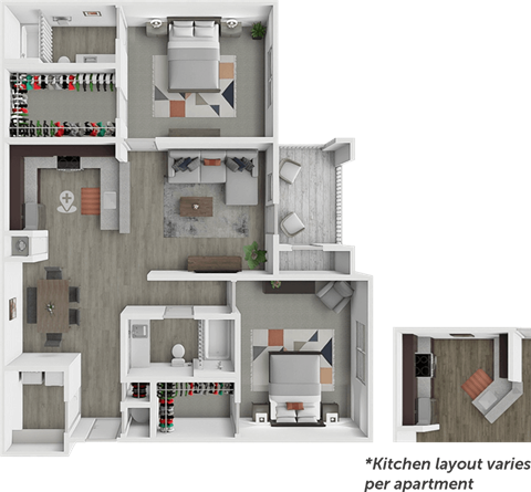 Floor plan for 2 beds, 2 baths, 1130 sqft
